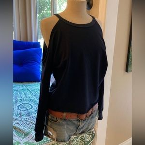 long sleeve peep shoulder cold shoulder long sleeved Navy blue sweater designer